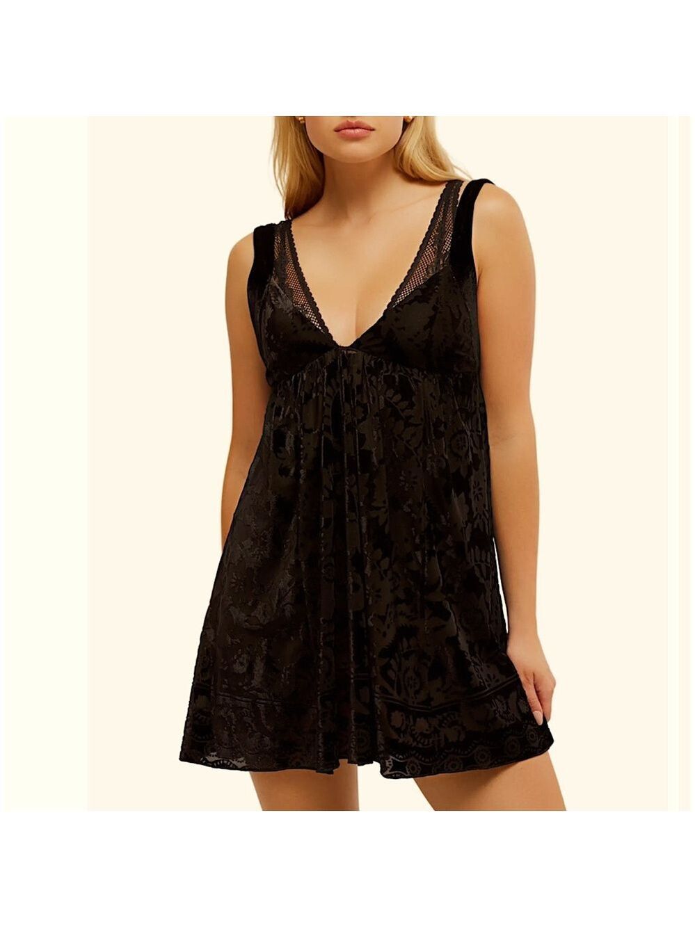 Free People Snow Angel Black Burnout Velvet Babydoll Dress L New